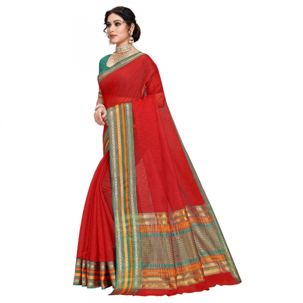 Vaystra Kota Doria Cotton Bordered Saree With Blouse – Red