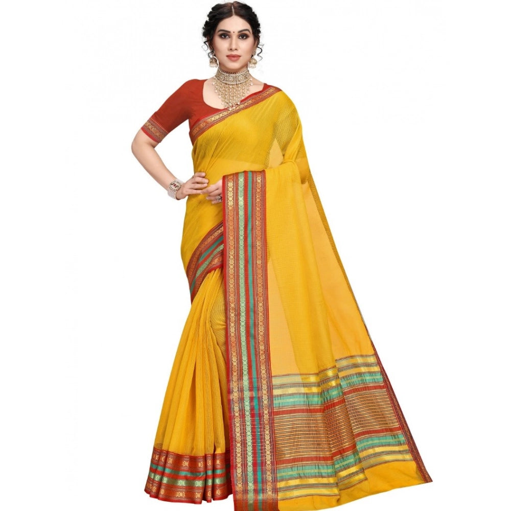Vaystra Kota Doria Cotton Bordered Saree With Blouse – Yellow