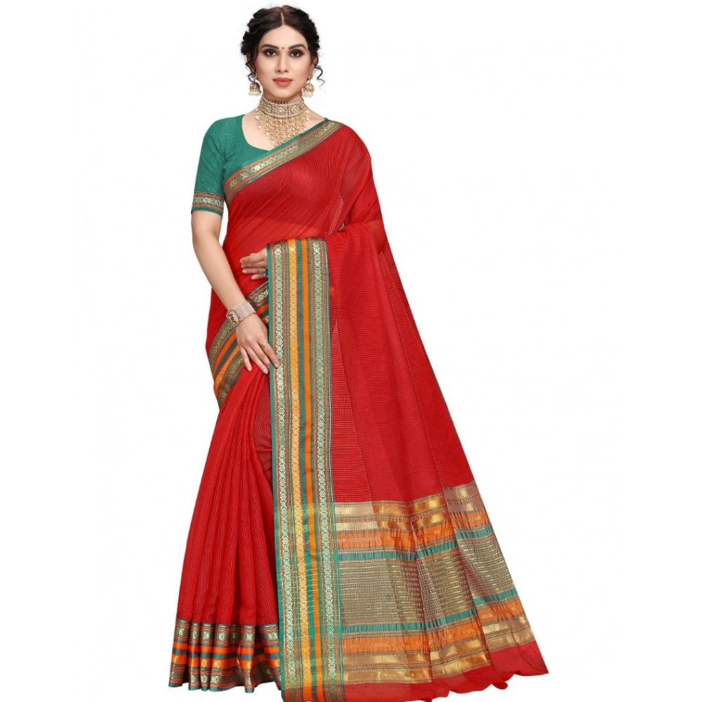 Vaystra Kota Doria Cotton Bordered Saree With Blouse – Red