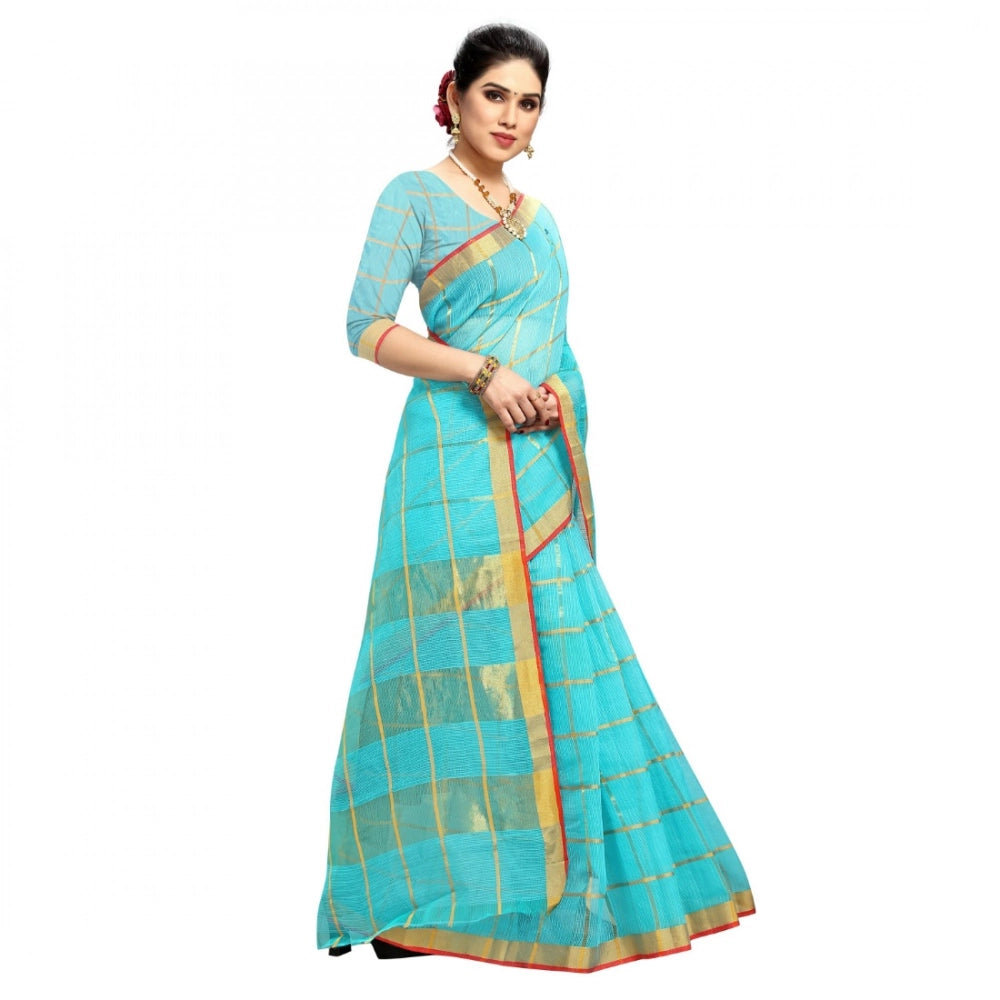 Vaystra Kota Doria Cotton Checked Saree With Blouse – Sky Blue