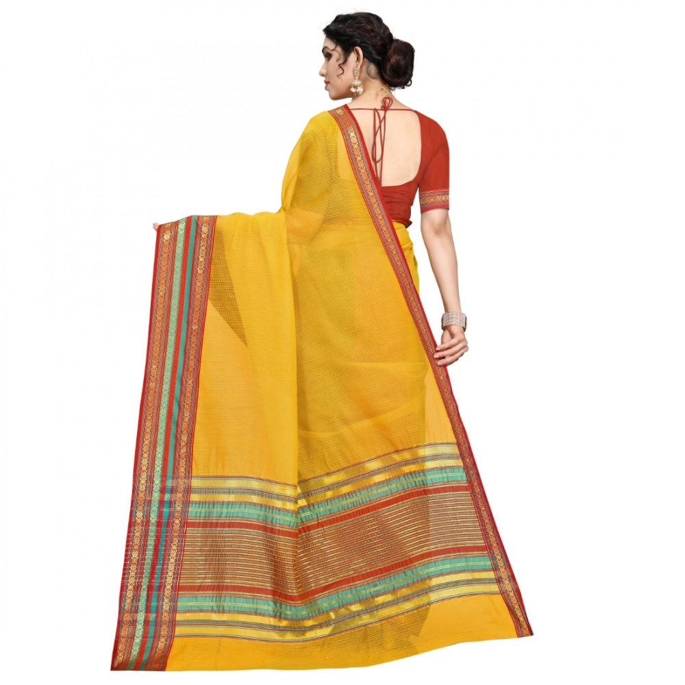 Vaystra Kota Doria Cotton Bordered Saree With Blouse – Yellow