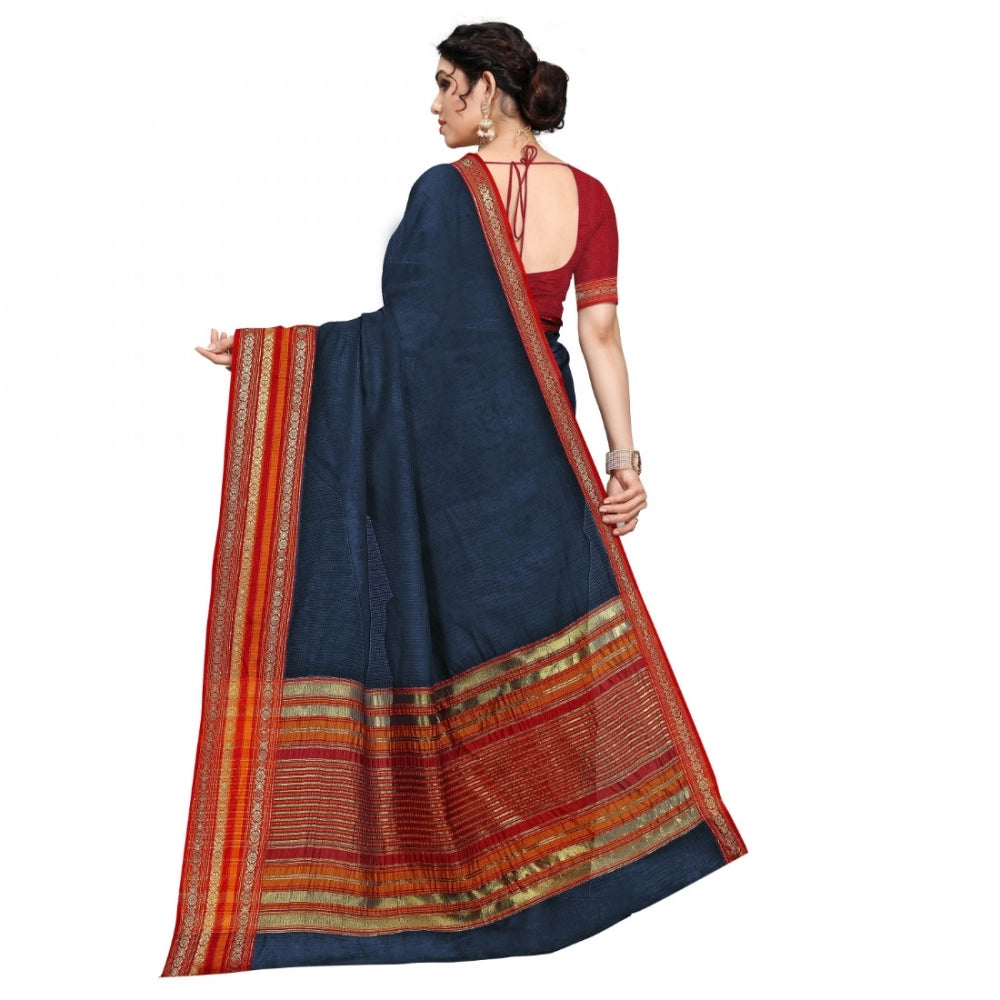 Vaystra Kota Doria Cotton Bordered Saree With Blouse – Navy Blue