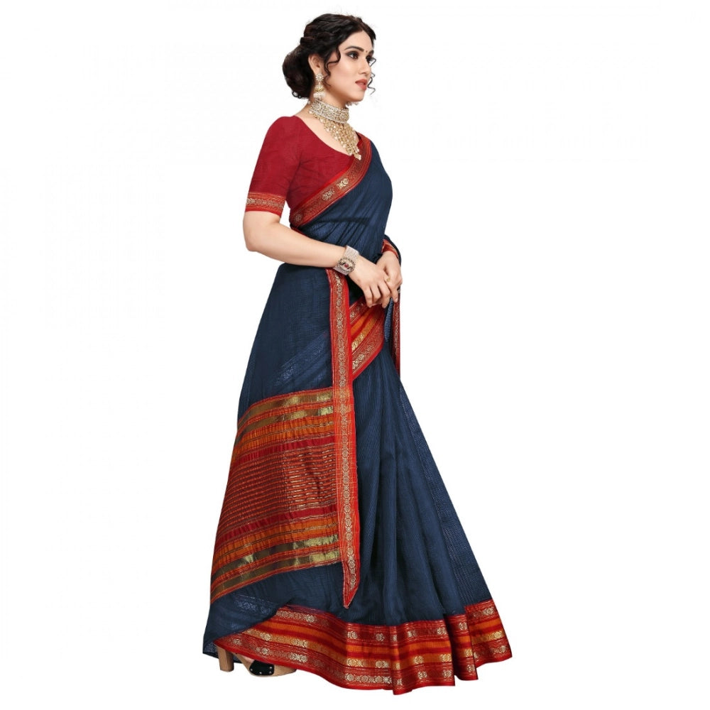 Vaystra Kota Doria Cotton Bordered Saree With Blouse – Navy Blue