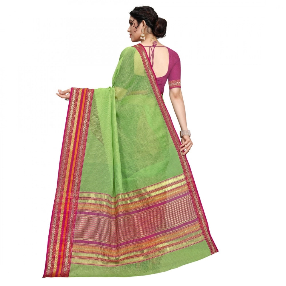 Vaystra Kota Doria Cotton Bordered Saree With Blouse – Light Green