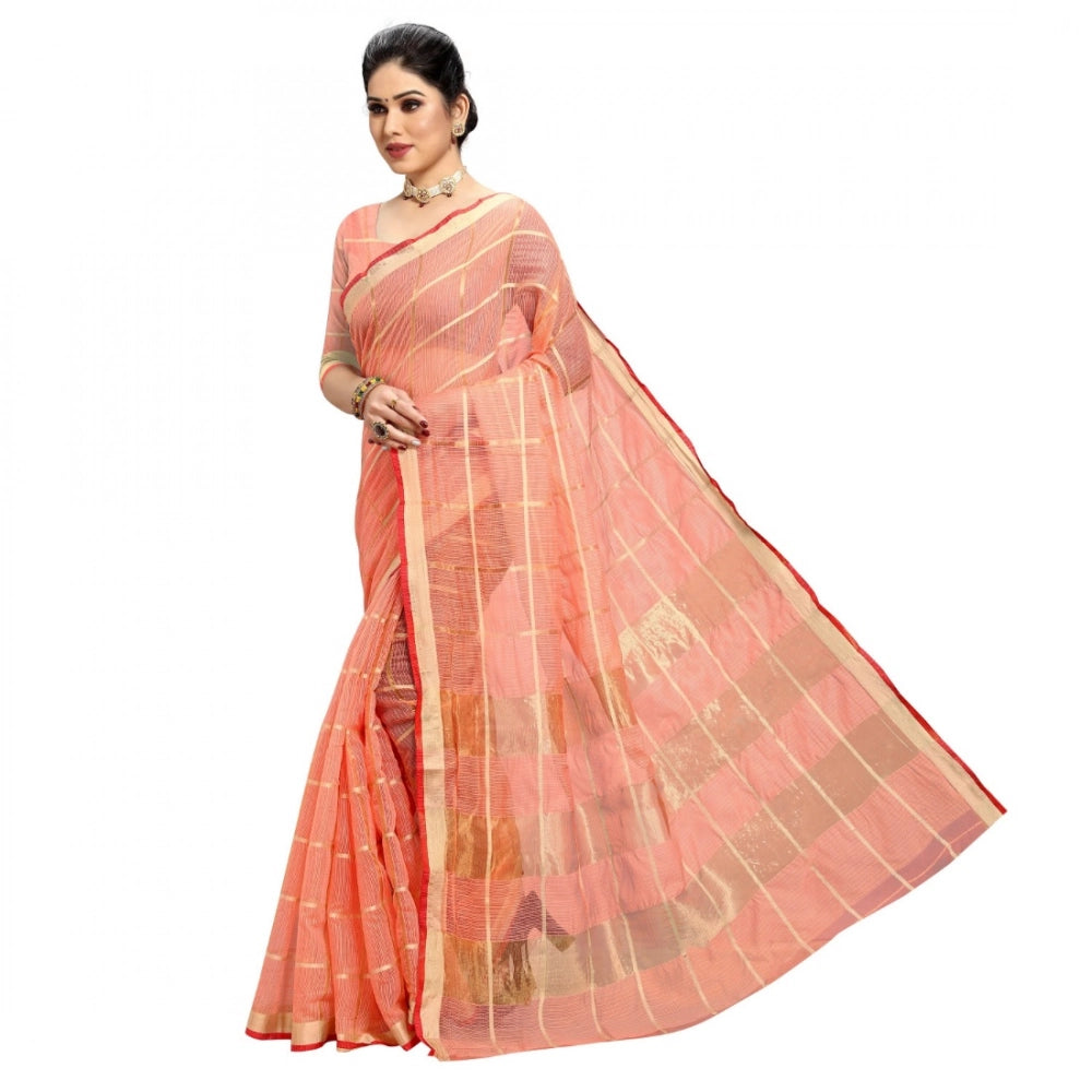 Vaystra Kota Doria Cotton Checked Saree With Blouse – Peach