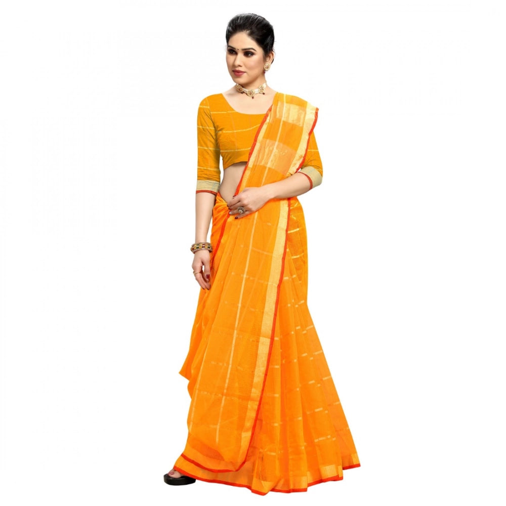 Vaystra Kota Doria Cotton Checked Saree With Blouse – Yellow