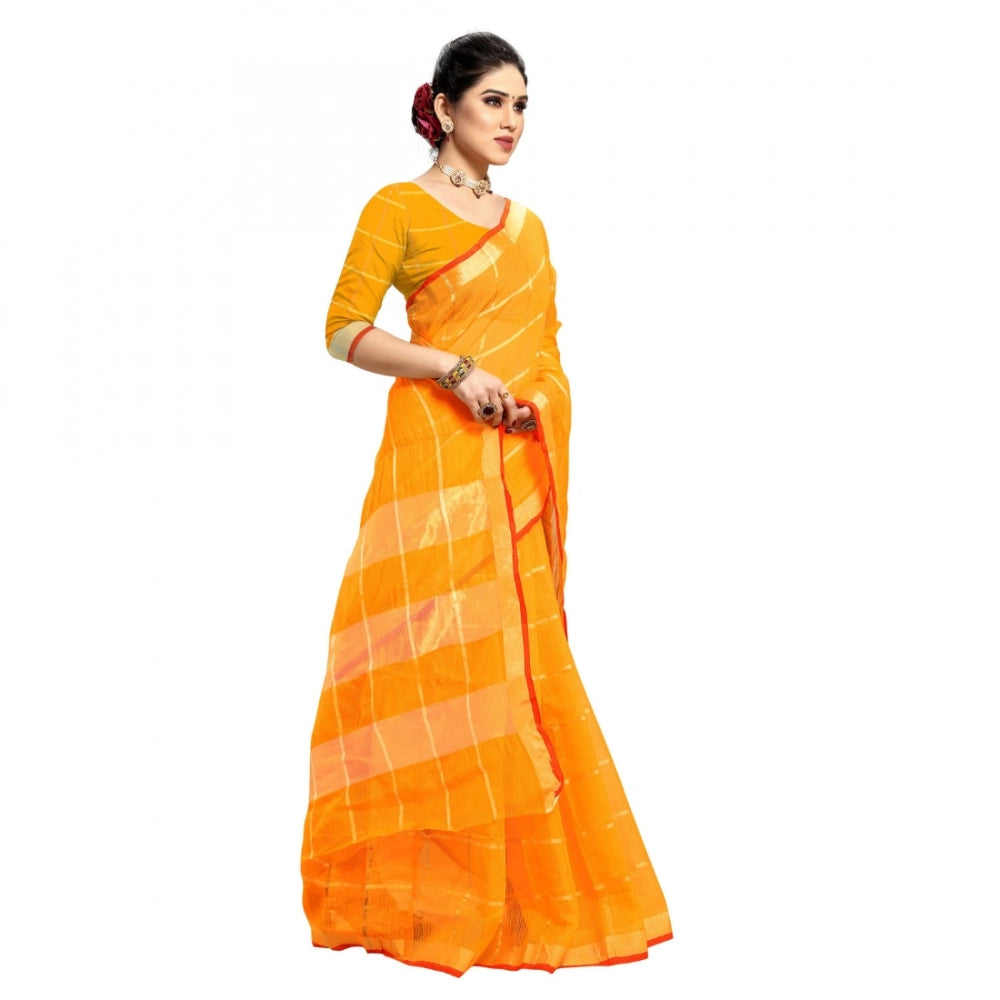 Vaystra Kota Doria Cotton Checked Saree With Blouse – Yellow