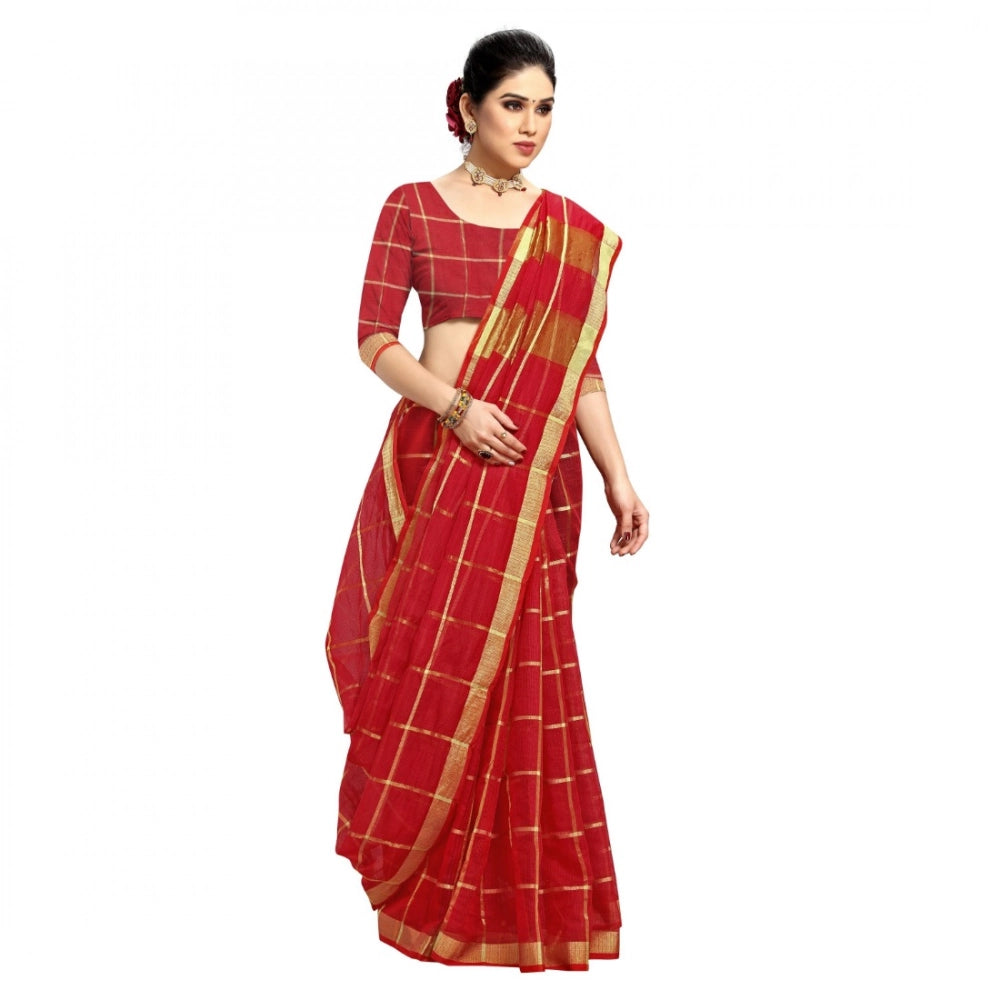 Vaystra Kota Doria Cotton Checked Saree With Blouse – Red