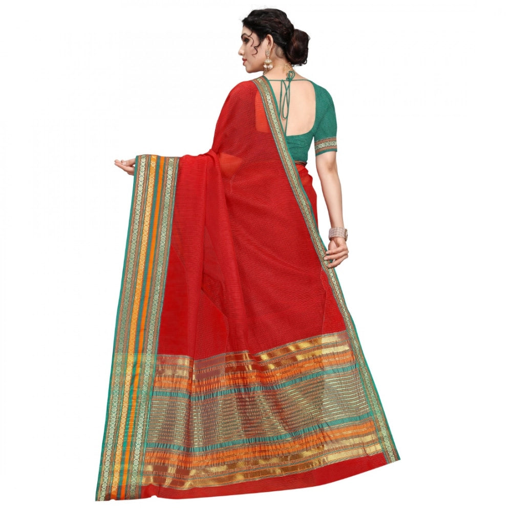 Vaystra Kota Doria Cotton Bordered Saree With Blouse – Red