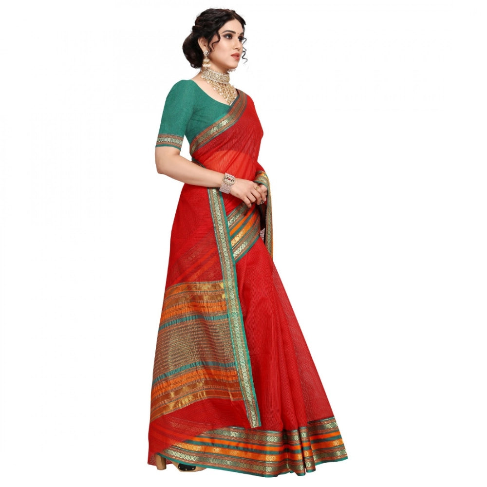 Vaystra Kota Doria Cotton Bordered Saree With Blouse – Red