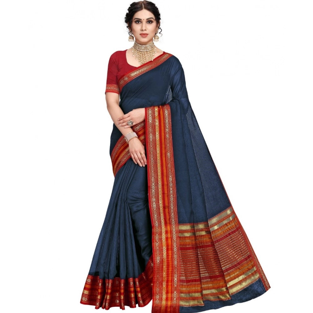 Vaystra Kota Doria Cotton Bordered Saree With Blouse – Navy Blue