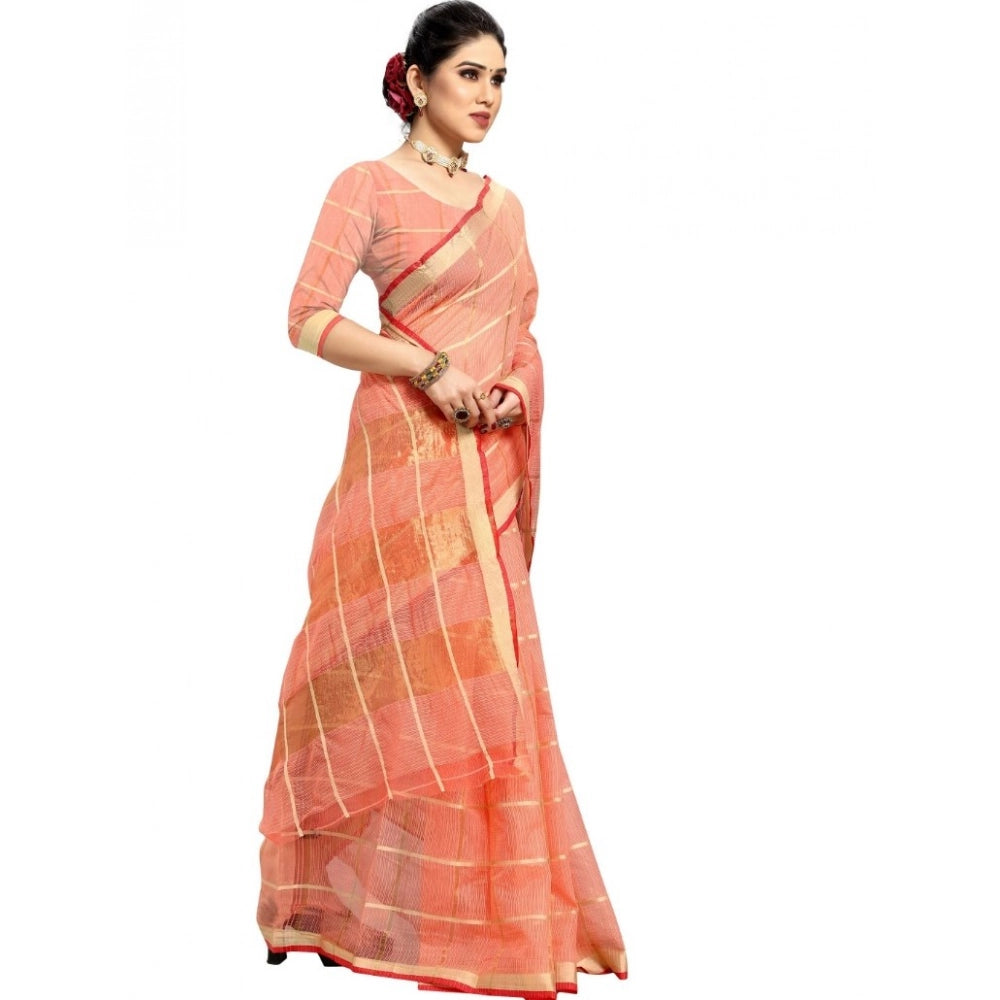 Vaystra Kota Doria Cotton Checked Saree With Blouse – Peach