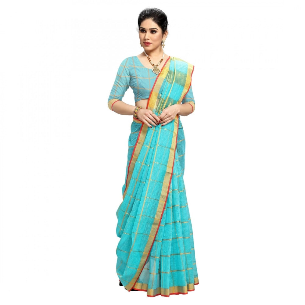Vaystra Kota Doria Cotton Checked Saree With Blouse – Sky Blue