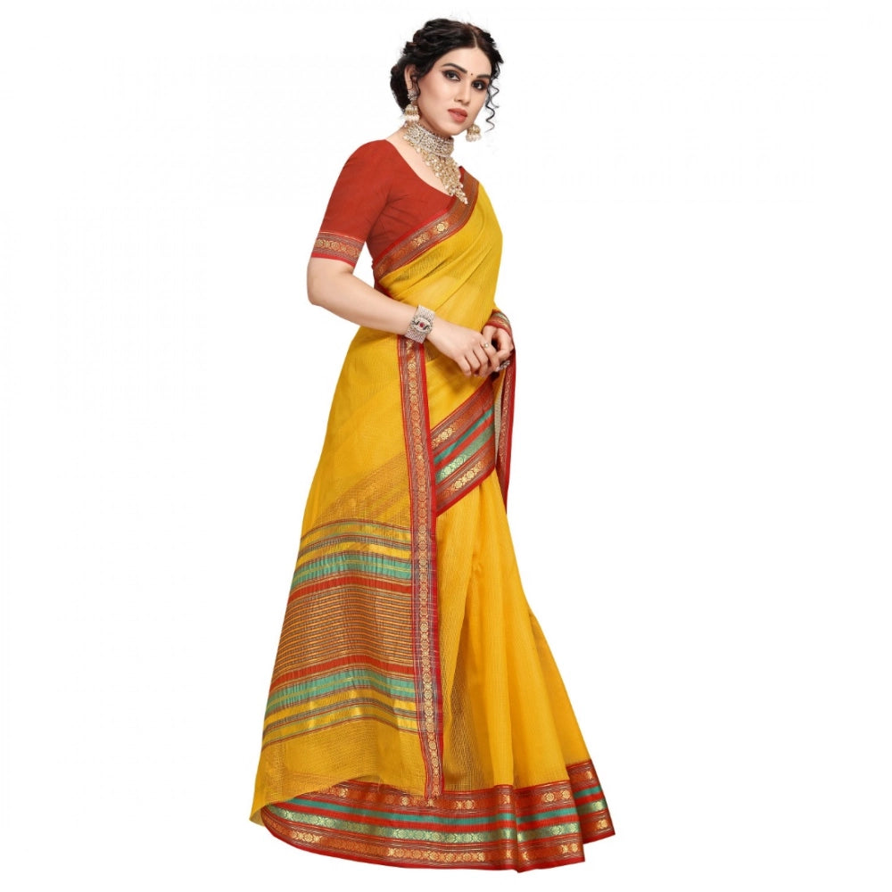 Vaystra Kota Doria Cotton Bordered Saree With Blouse – Yellow
