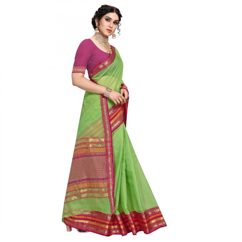 Vaystra Kota Doria Cotton Bordered Saree With Blouse – Light Green