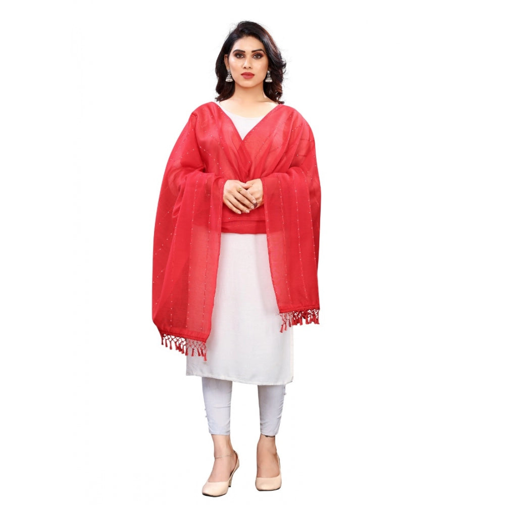 Vaystra Cotton Silk Strips Printed Dupatta – Red