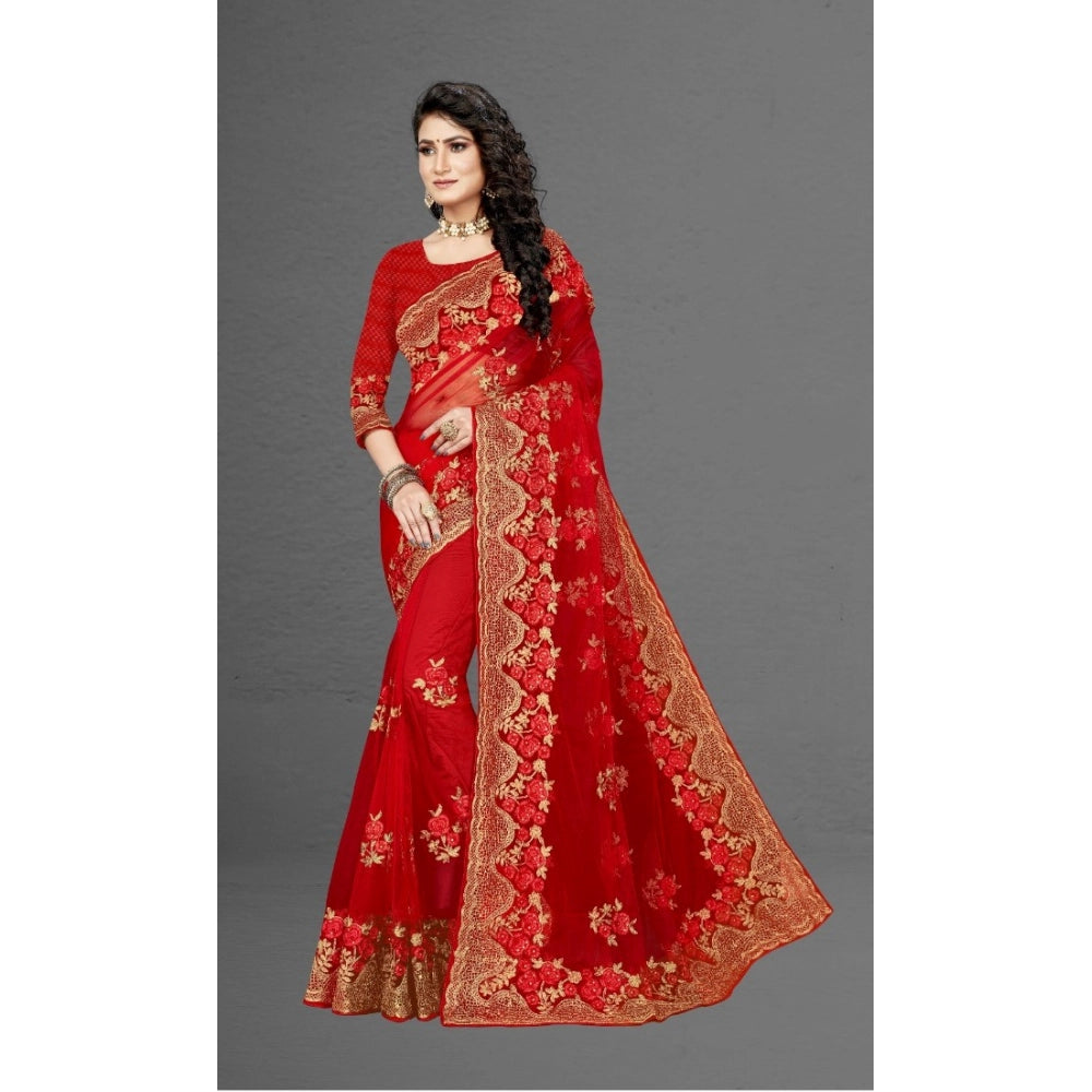 Vaystra Net Saree With Blouse – Red