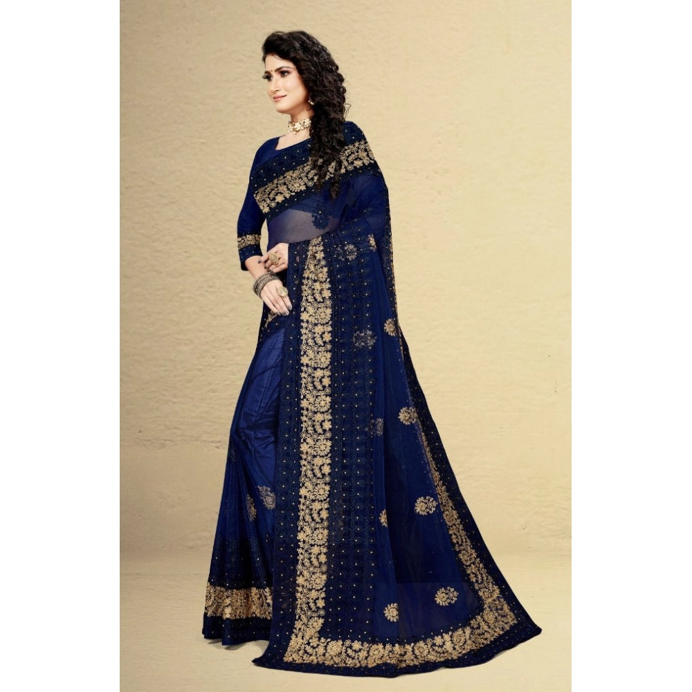 Vaystra Net Saree With Blouse – Navy Blue