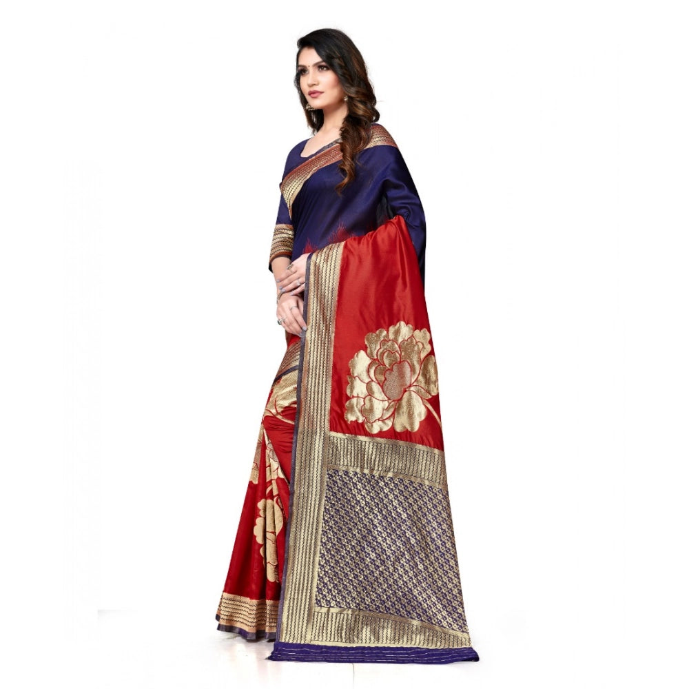 Vaystra Banarasi Silk Saree With Blouse – Navy Blue, Red