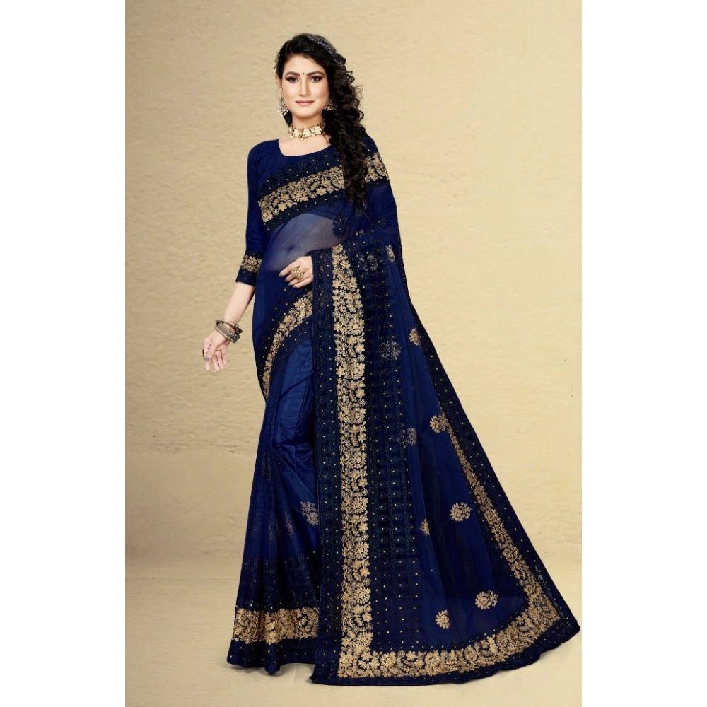 Vaystra Net Saree With Blouse – Navy Blue