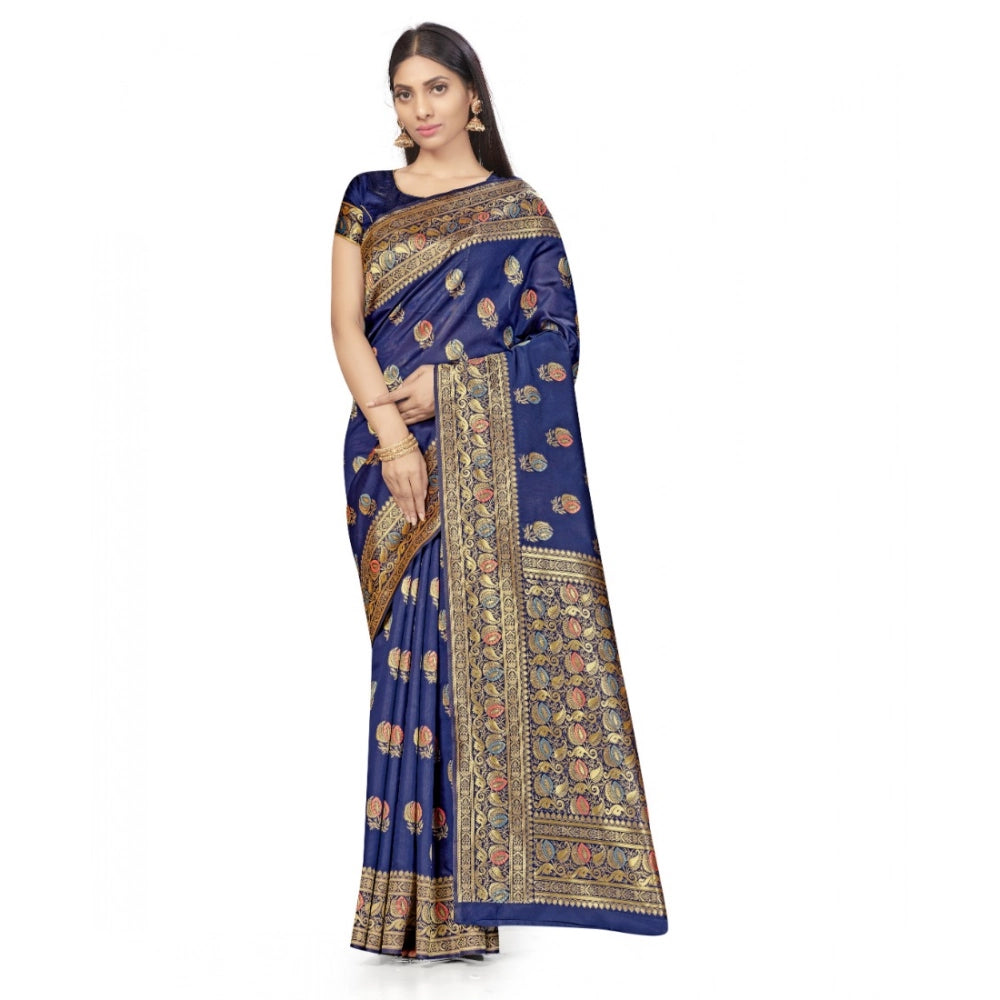 Vaystra Banarasi Silk Saree With Blouse – Navy Blue