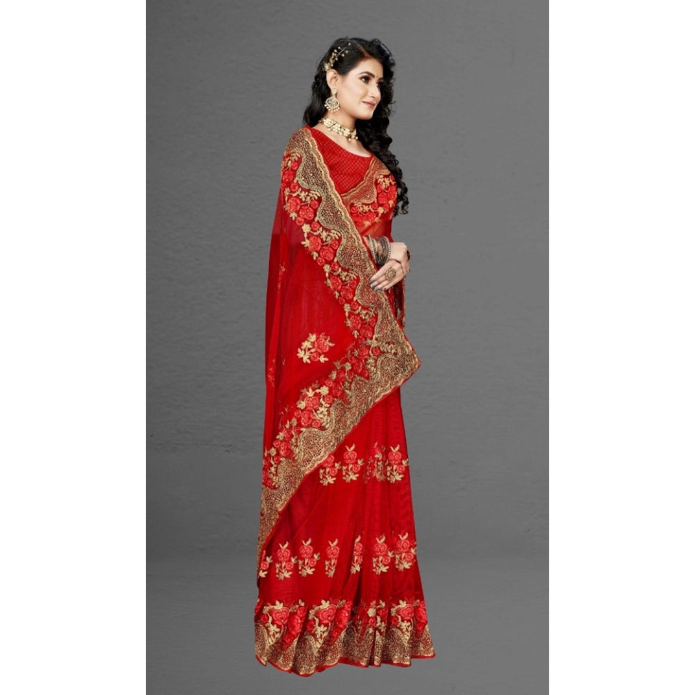 Vaystra Net Saree With Blouse – Red