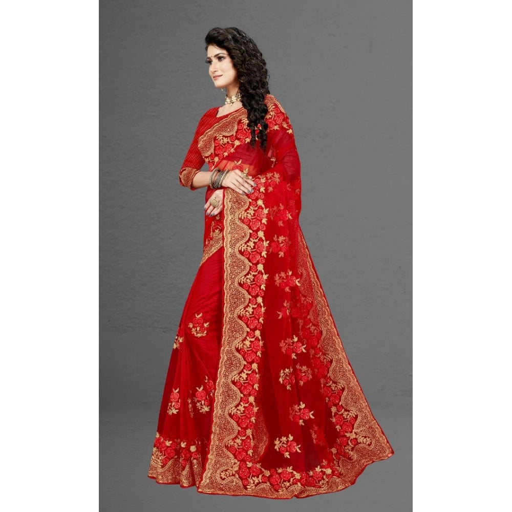 Vaystra Net Saree With Blouse – Red