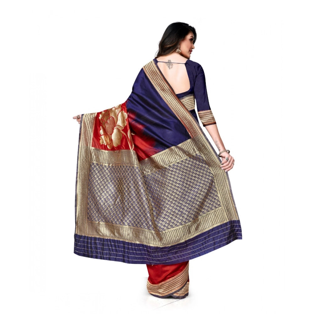 Vaystra Banarasi Silk Saree With Blouse – Navy Blue, Red