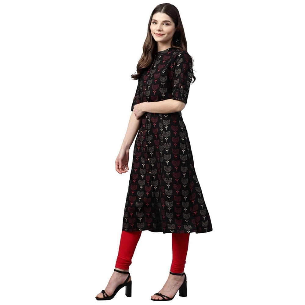 Vaystra Cotton Printed A Line Kurti – Black