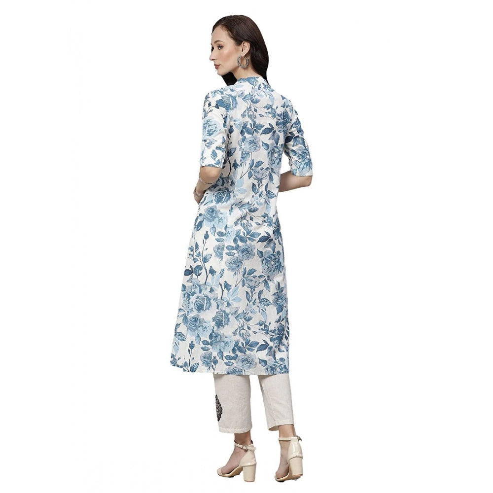 Vaystra Cotton Printed Floral Print Kurti – White, Blue