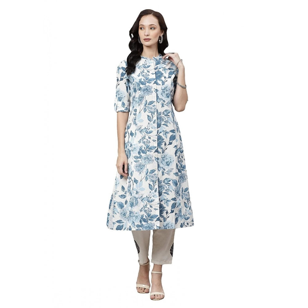 Vaystra Cotton Printed Floral Print Kurti – White, Blue