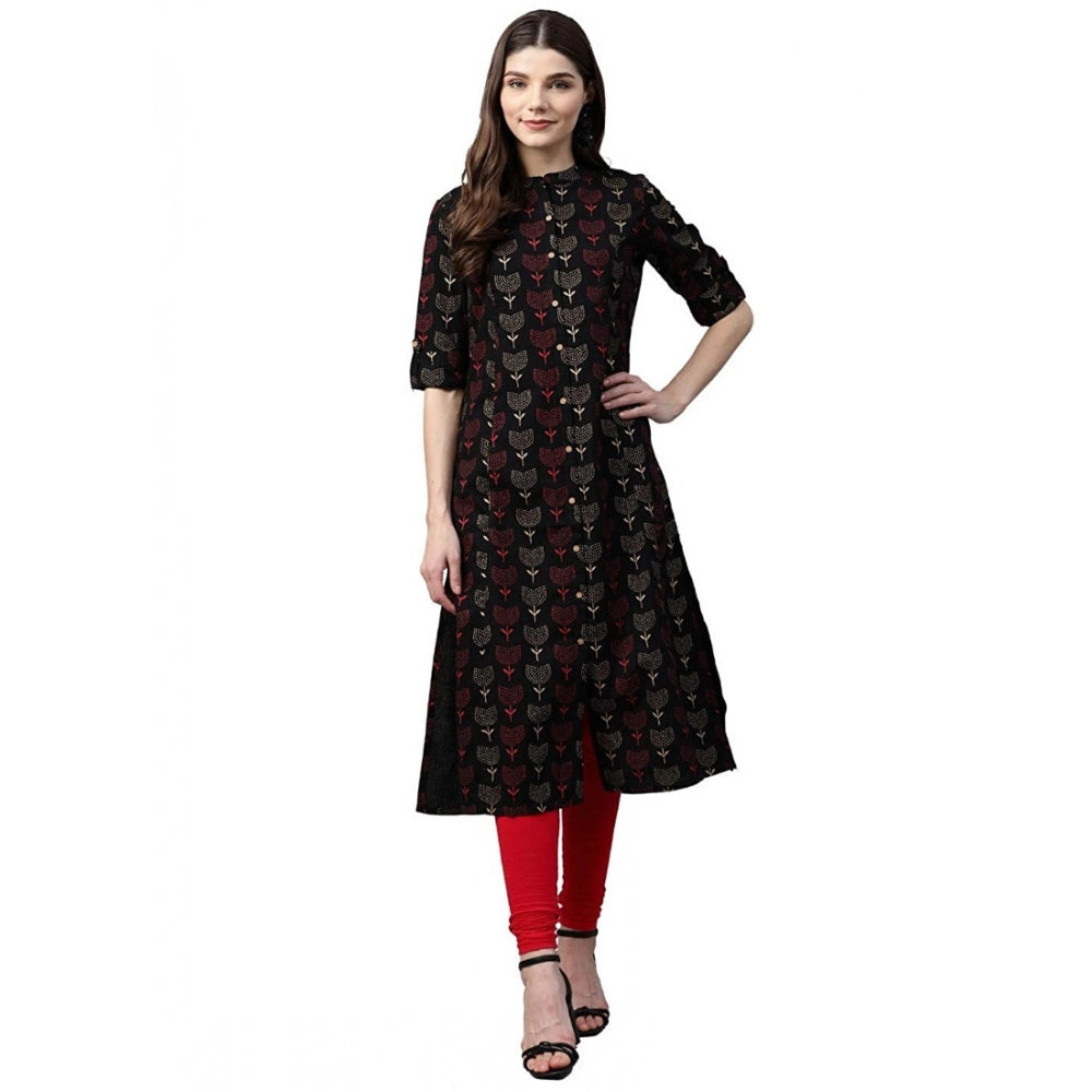 Vaystra Cotton Printed A Line Kurti – Black