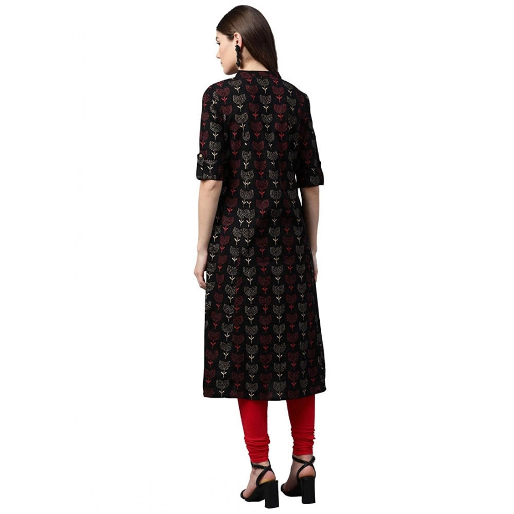 Vaystra Cotton Printed A Line Kurti – Black