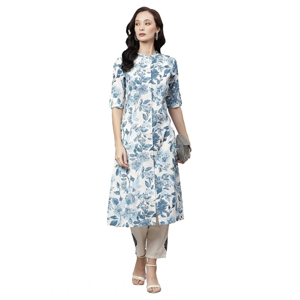 Vaystra Cotton Printed Floral Print Kurti – White, Blue