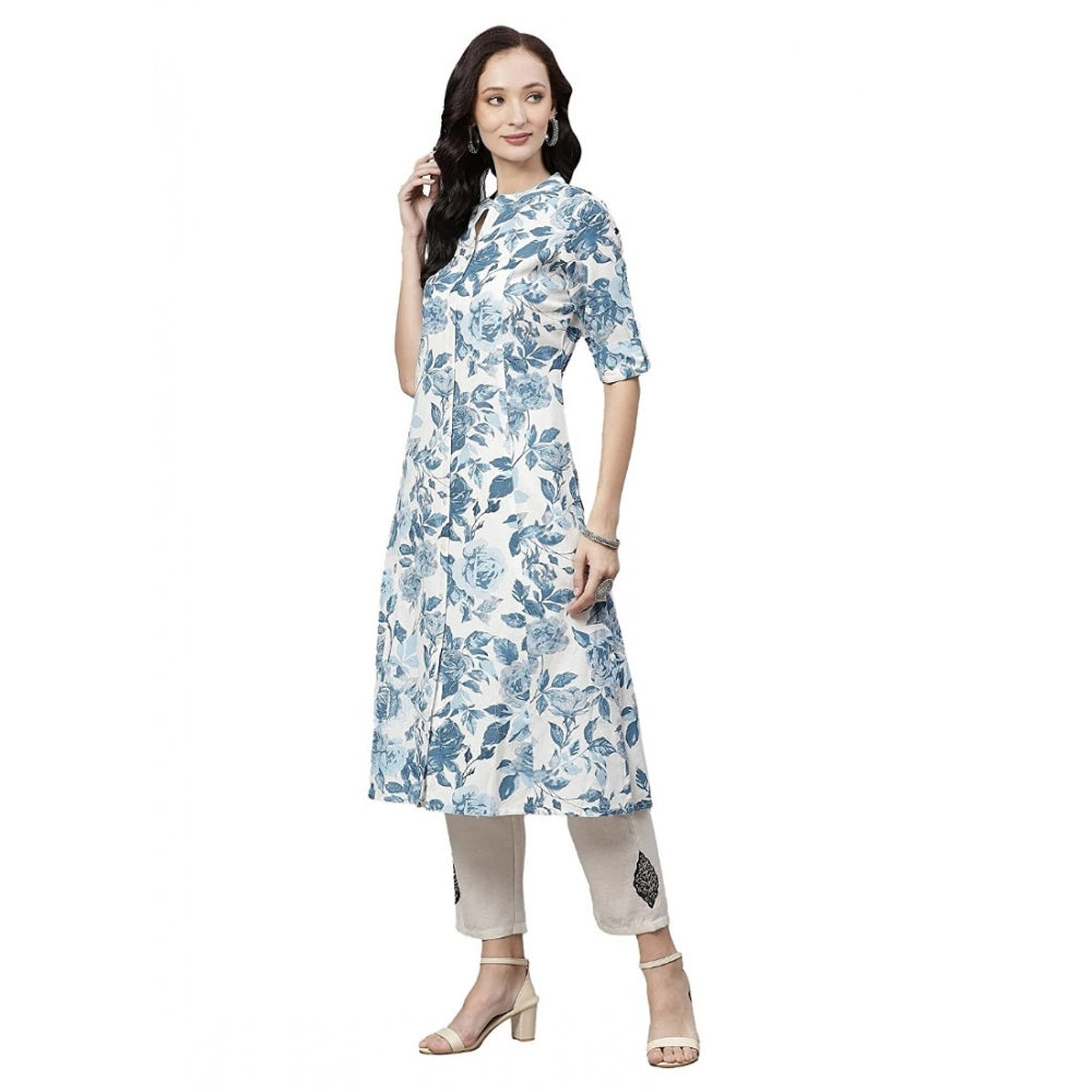 Vaystra Cotton Printed Floral Print Kurti – White, Blue