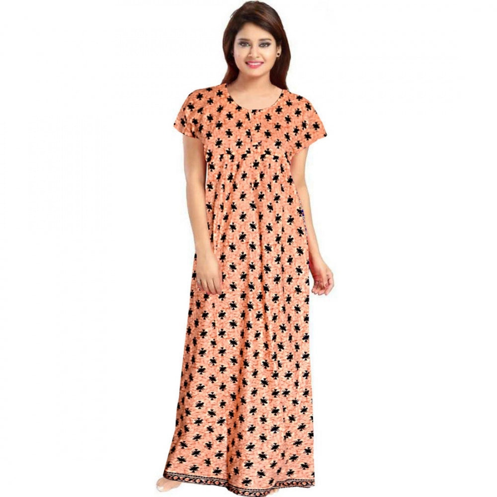 Vaystra Cotton Printed Maxi Nighty – Peach