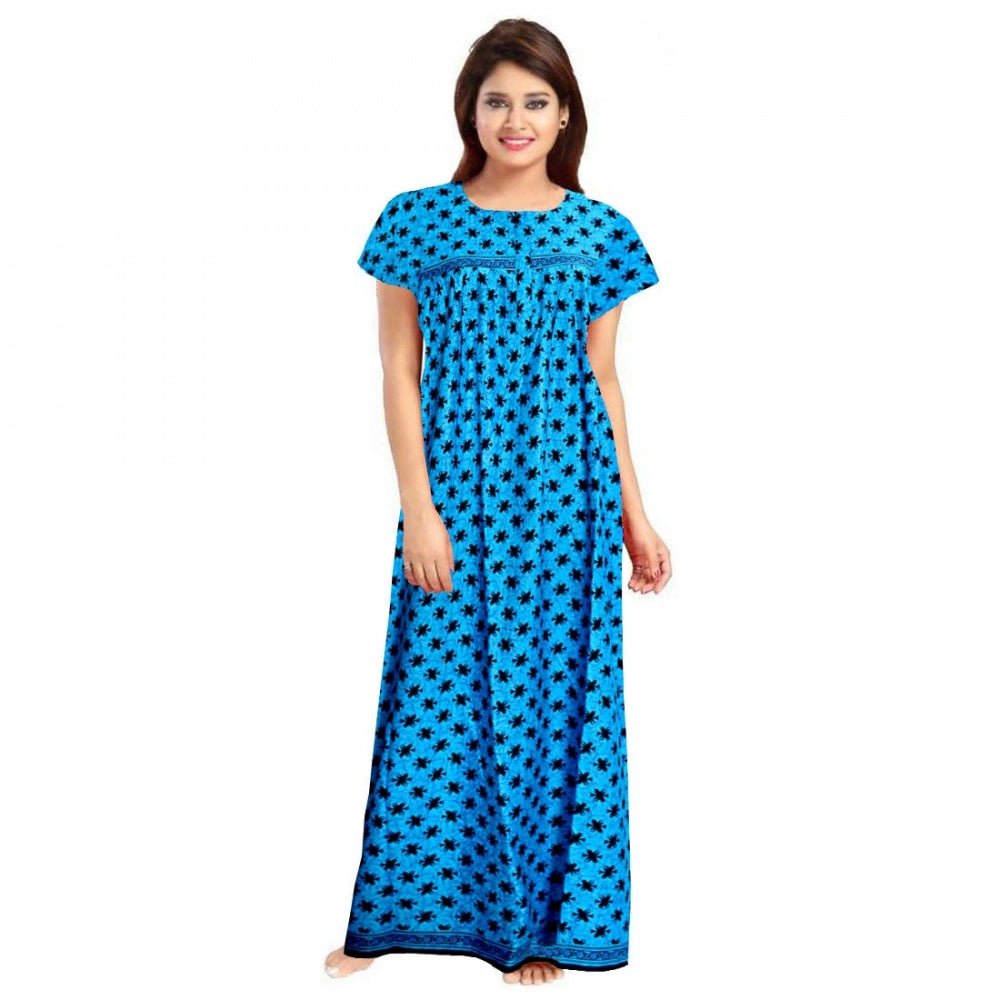 Vaystra Cotton Printed Maxi Nighty – Aqua Blue