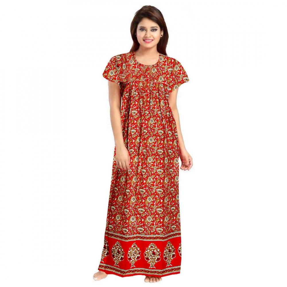 Vaystra Cotton Printed Maxi Nighty – Red