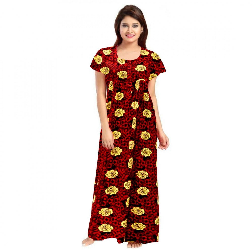 Vaystra Cotton Printed Maxi Nighty – Maroon