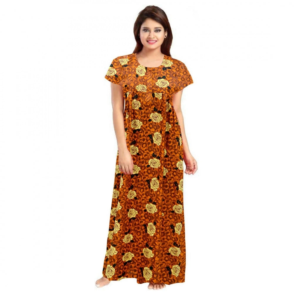 Vaystra Cotton Printed Maxi Nighty – Mustard