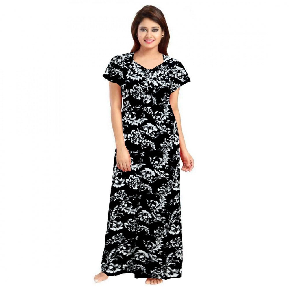 Vaystra Cotton Printed Maxi Nighty – Black