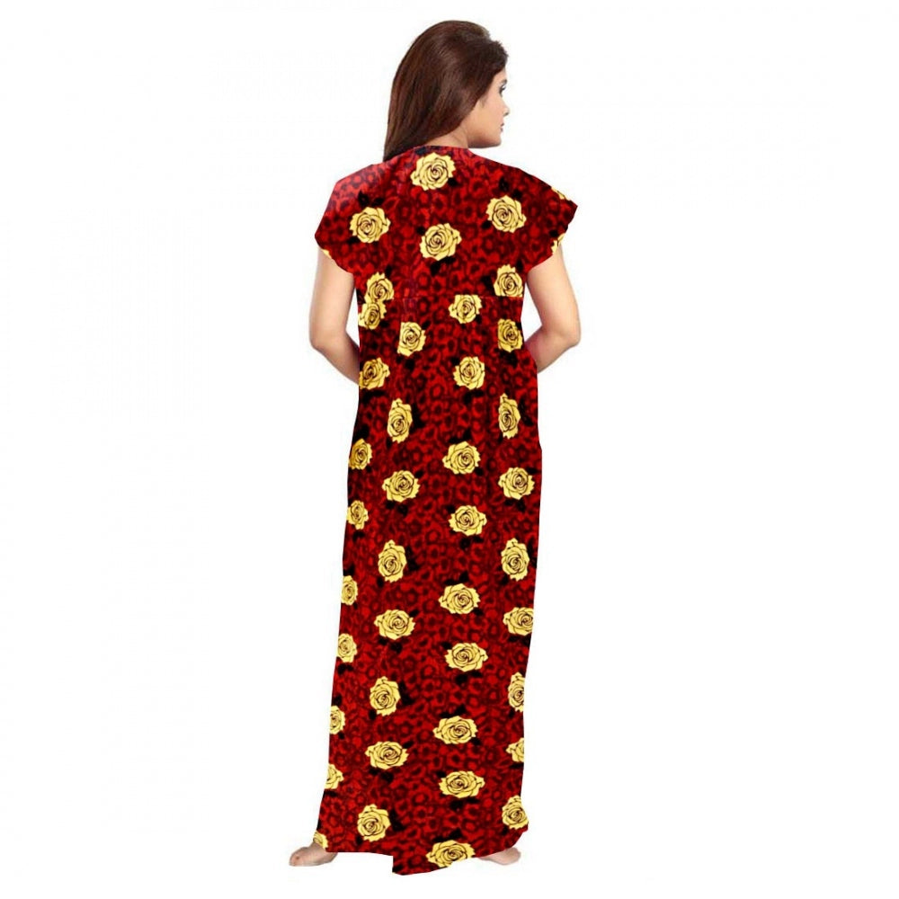 Vaystra Cotton Printed Maxi Nighty – Maroon