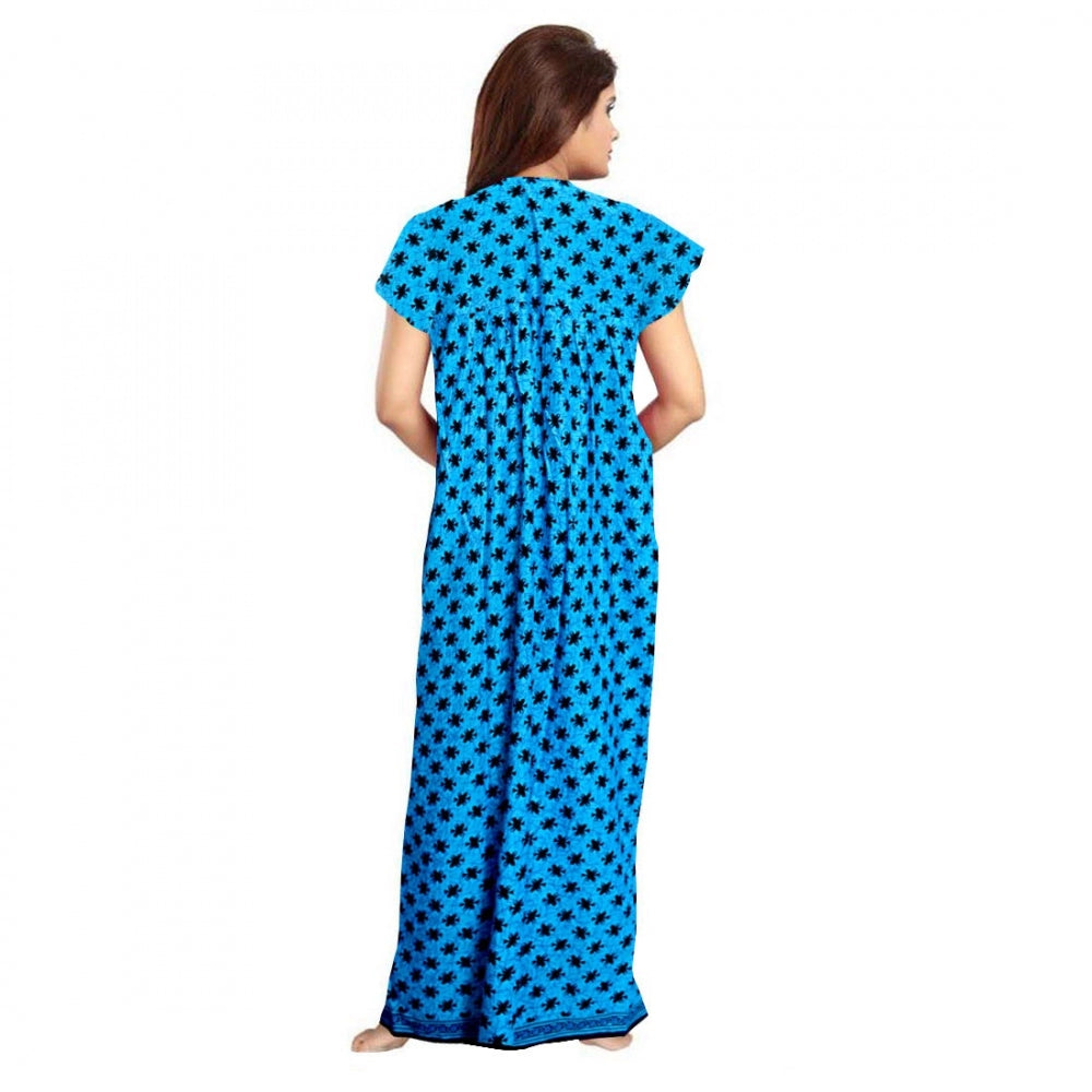 Vaystra Cotton Printed Maxi Nighty – Aqua Blue