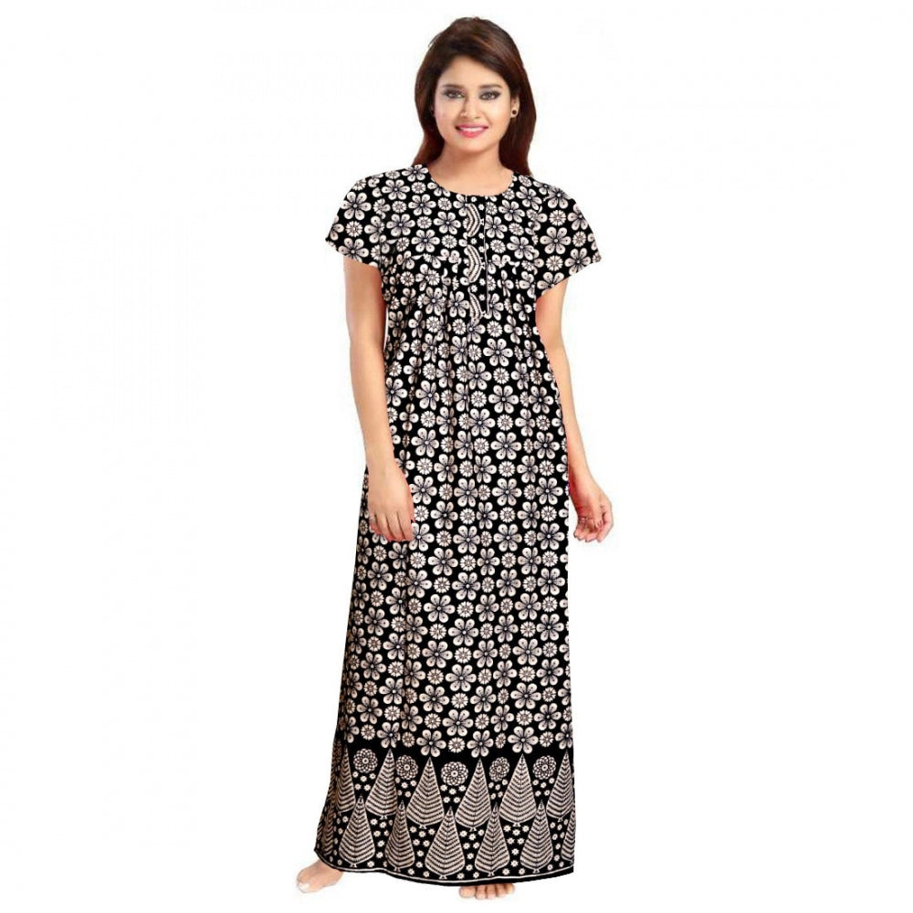 Vaystra Cotton Printed Maxi Nighty – Black