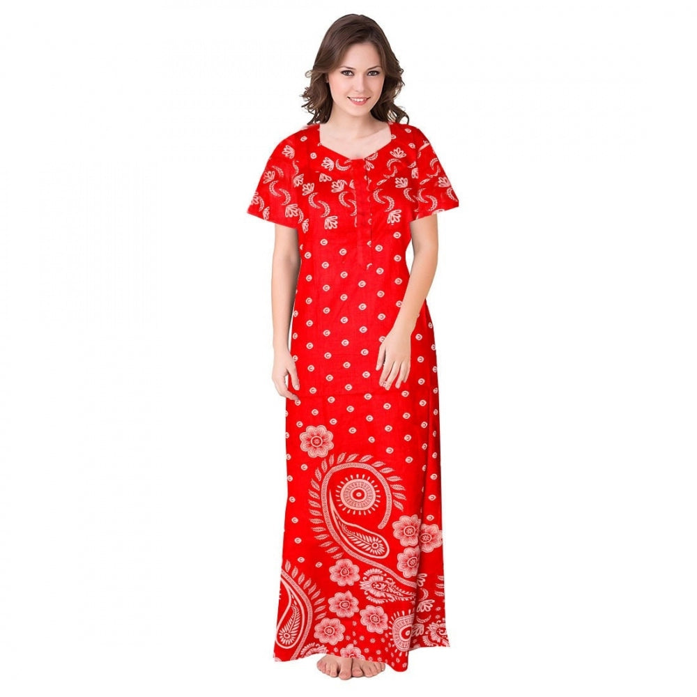 Vaystra Cotton Printed Maxi Nighty – Red