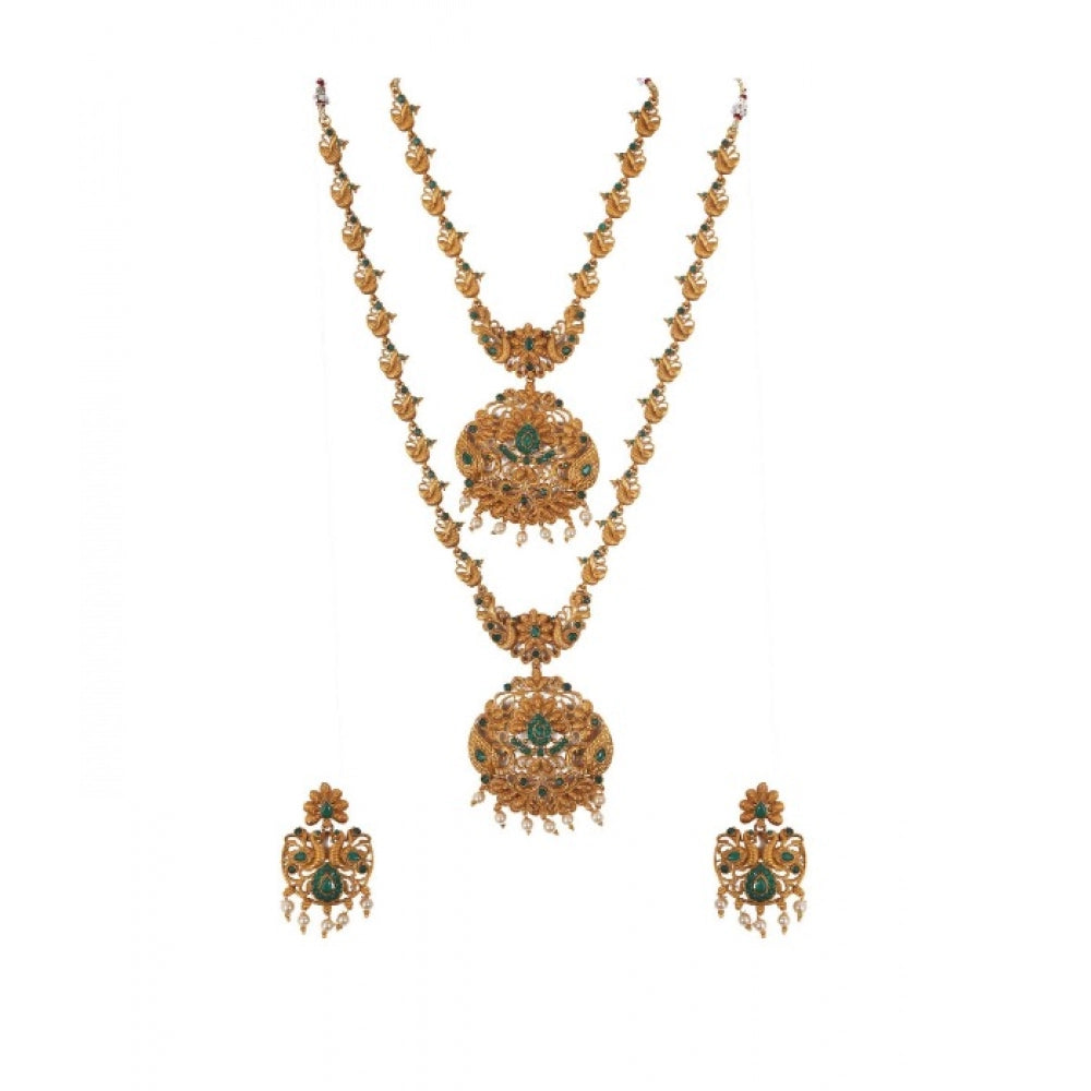 Vaystra Elegant Double Line Temple Jewellery Set - Green