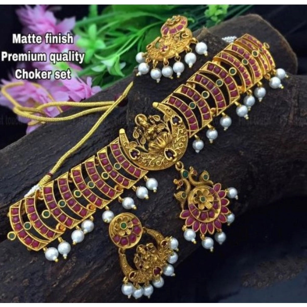 Vaystra Handcrafted Elegant Brass Chain Necklace Set - Pink Edition