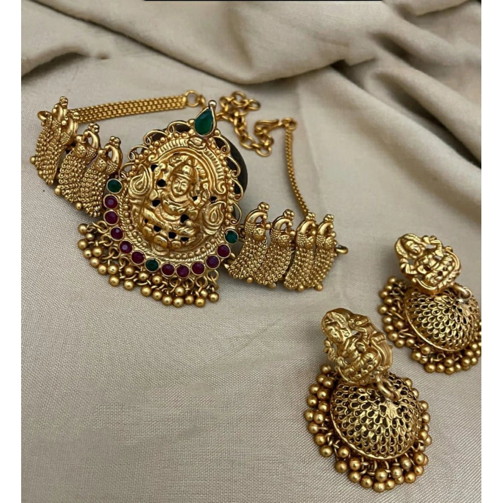 Vaystra &nbsp;Gold Plated Traditional Temple Necklace and Earrings Set in Gold in Multi Color