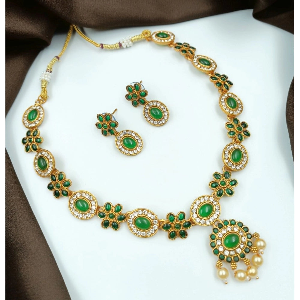 Vaystra Gold Plated Temple Elegance Necklace and Earrings Set in Green