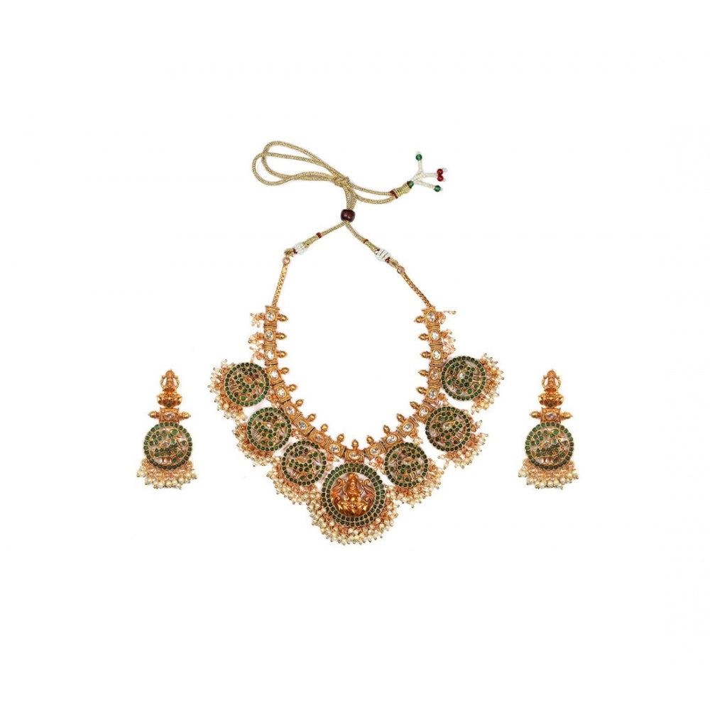 Vaystra Handcrafted Goddess Glamour Temple Necklace and Jhumka Set - Green Edition